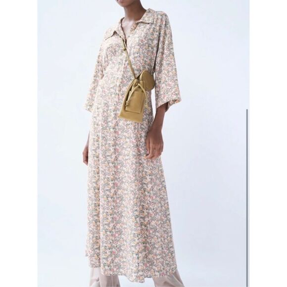 Zara Dresses & Skirts - Zara Ditsy Floral Cottagecore Maxi collar Shirt Dress sz XS neutral minimalist b